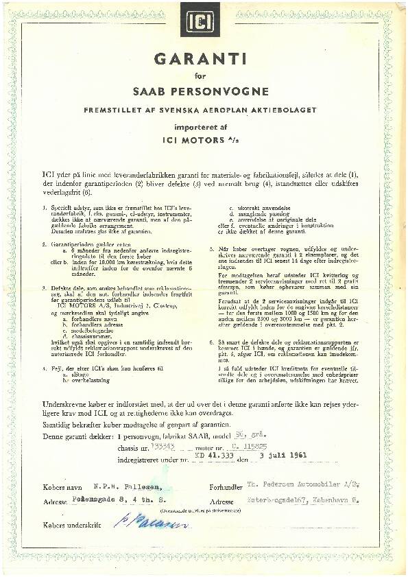 SAAB 96 garantibevis og vægtafgift