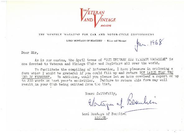Brev fra "Veteran and Vintage"