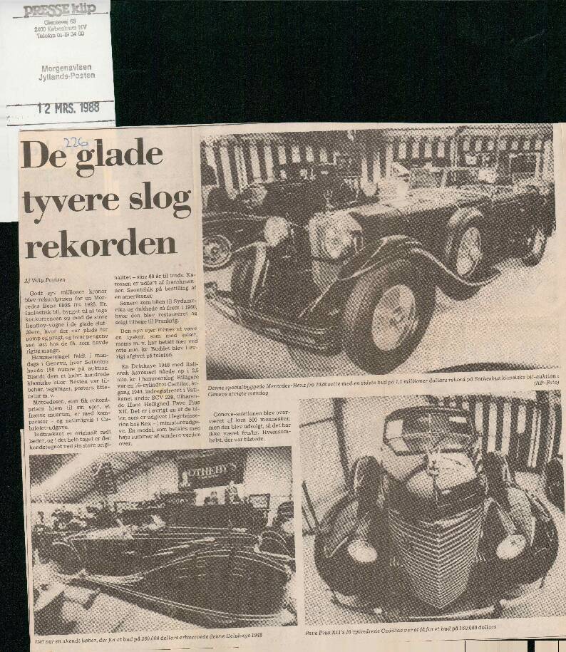 Mercedes-Benz 1928 SSK, avisartikel, Sothesby auktion 