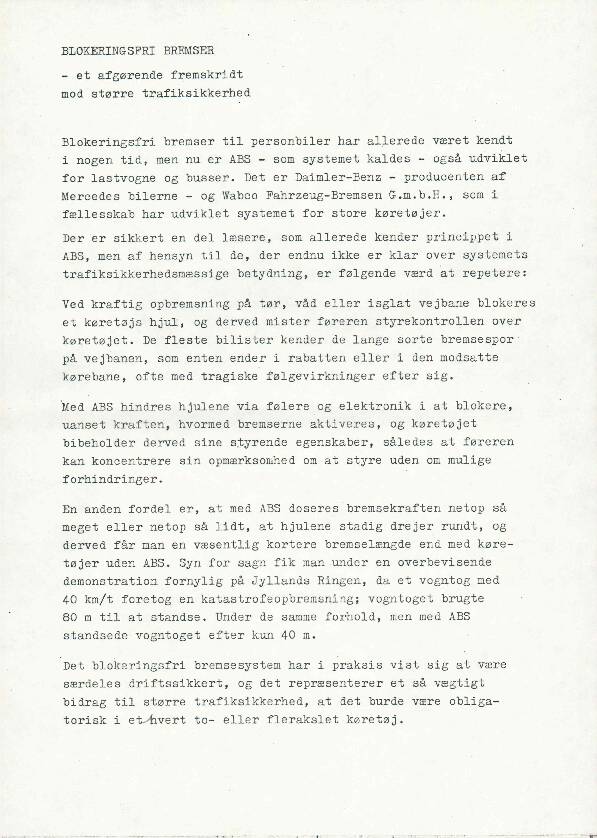 Mercedes-Benz, intro af ABS bremse, div. dokumenter 